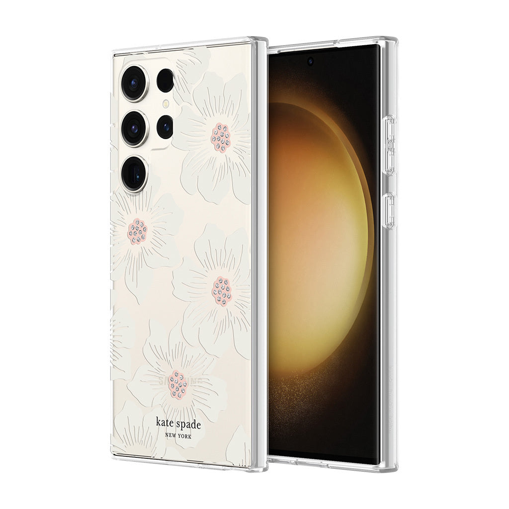 Kate Spade New York Protective Hardshell Phone Case for Samsung Galaxy S23 Ultra Hollyhock Floral Clear/Cream with Stones