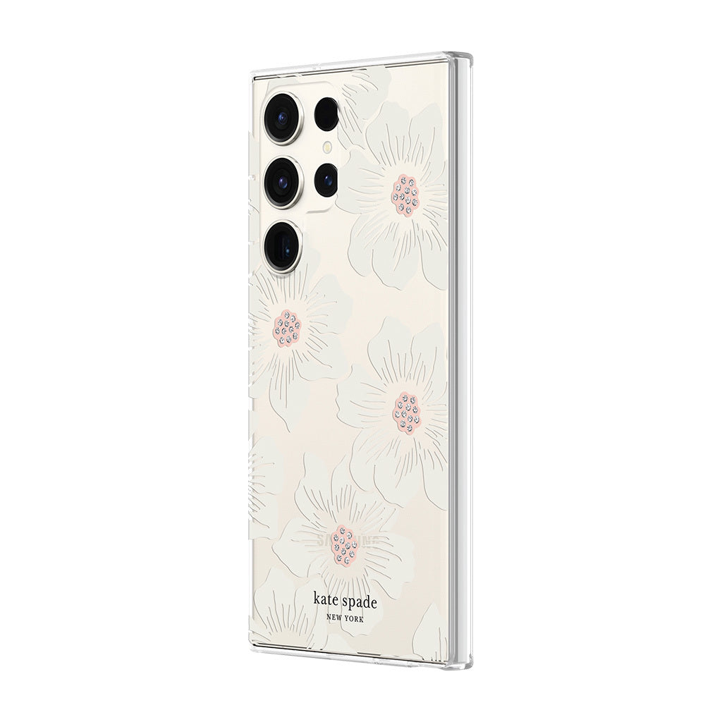 Kate Spade New York Protective Hardshell Phone Case for Samsung Galaxy S23 Ultra Hollyhock Floral Clear/Cream with Stones