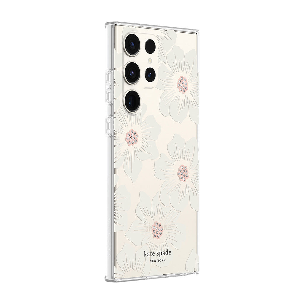 Kate Spade New York Protective Hardshell Phone Case for Samsung Galaxy S23 Ultra Hollyhock Floral Clear/Cream with Stones