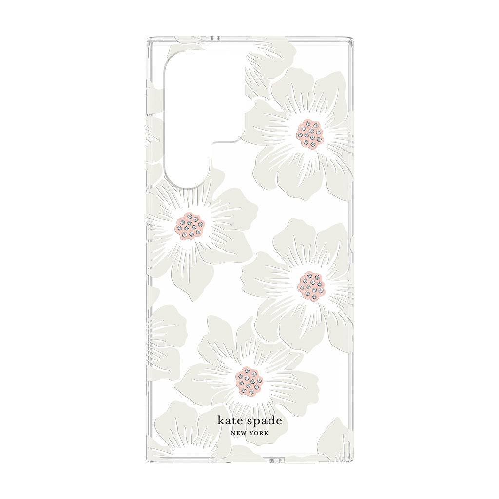 Kate Spade New York Protective Hardshell Phone Case for Samsung Galaxy S23 Ultra Hollyhock Floral Clear/Cream with Stones
