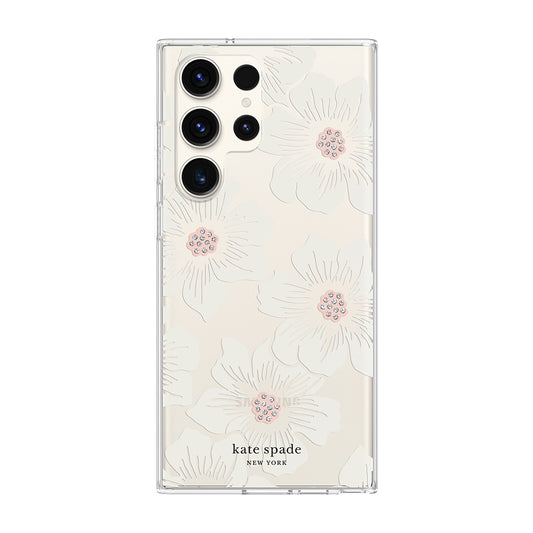 Kate Spade New York Protective Hardshell Phone Case for Samsung Galaxy S23 Ultra Hollyhock Floral Clear/Cream with Stones