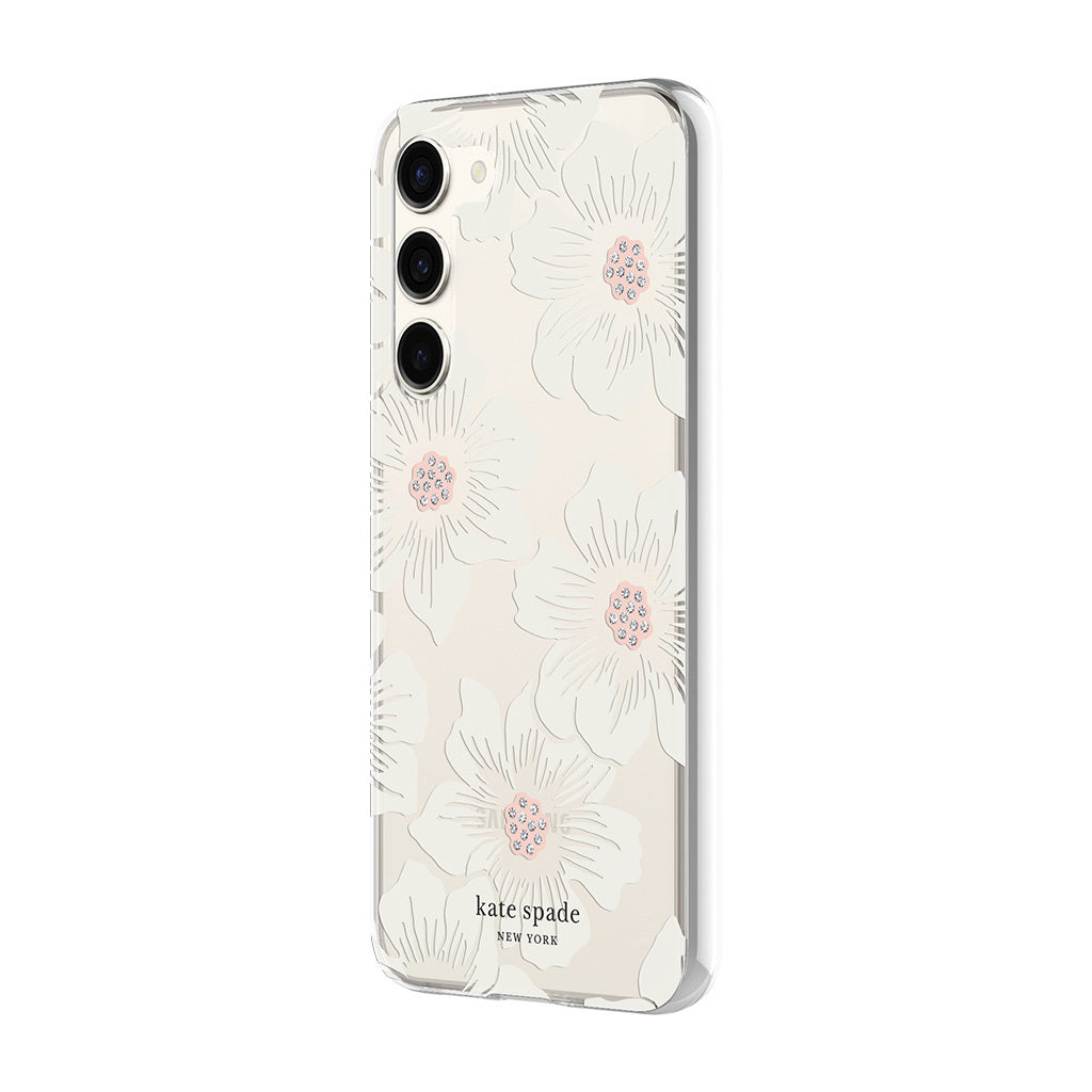 Kate Spade New York Protective Hardshell Phone Case for Samsung Galaxy S23 Plus Hollyhock Floral Clear/Cream with Stones