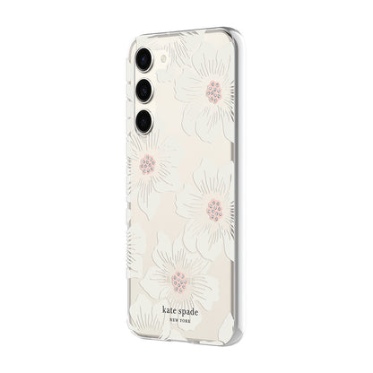 Kate Spade New York Protective Hardshell Phone Case for Samsung Galaxy S23 Plus Hollyhock Floral Clear/Cream with Stones