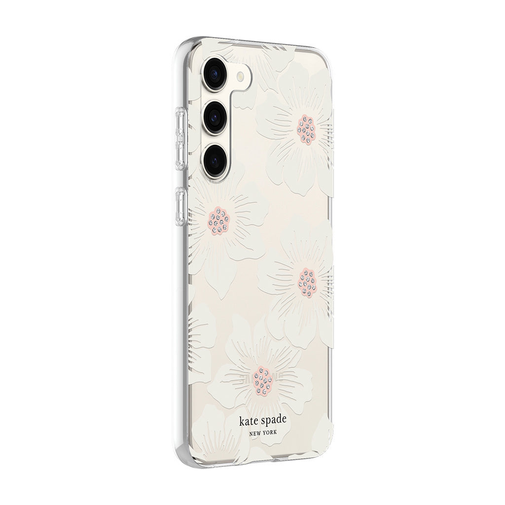 Kate Spade New York Protective Hardshell Phone Case for Samsung Galaxy S23 Plus Hollyhock Floral Clear/Cream with Stones