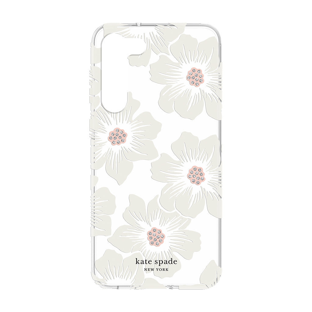 Kate Spade New York Protective Hardshell Phone Case for Samsung Galaxy S23 Plus Hollyhock Floral Clear/Cream with Stones