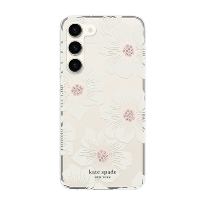 Kate Spade New York Protective Hardshell Phone Case for Samsung Galaxy S23 Plus Hollyhock Floral Clear/Cream with Stones